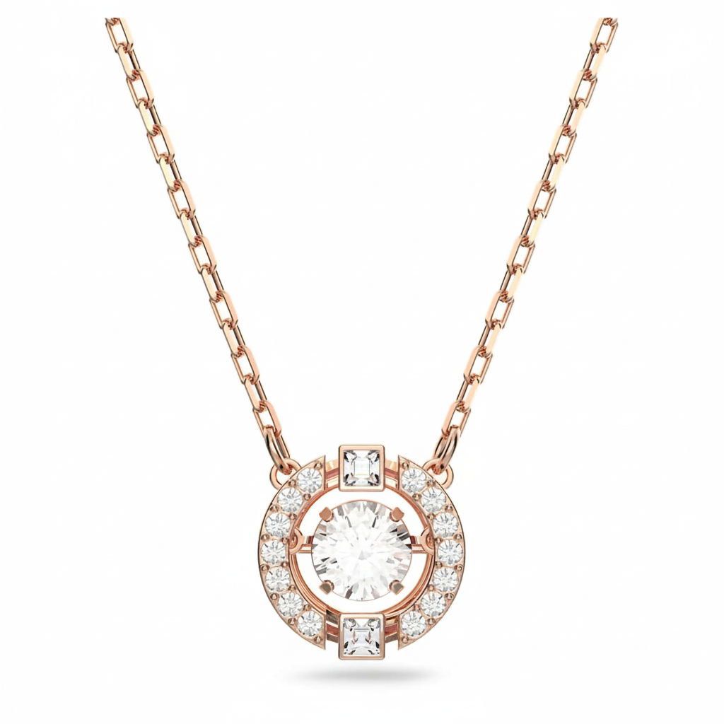 Swarovski Una necklace with round-cut white crystal pendant on rose gold-tone plated chain, elegant jewelry accessory