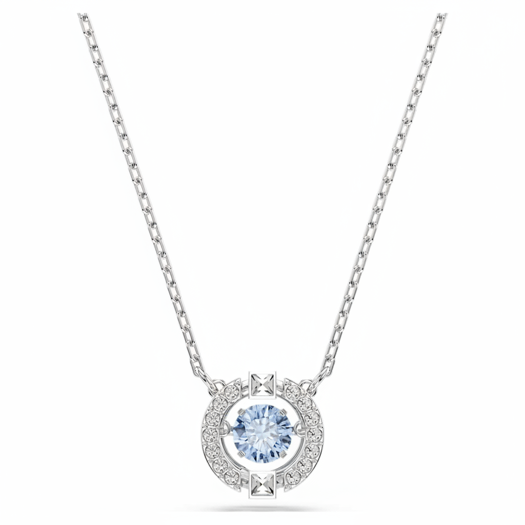 Swarovski Una necklace with round-cut blue crystal pendant, rhodium-plated chain, elegant jewelry accessory