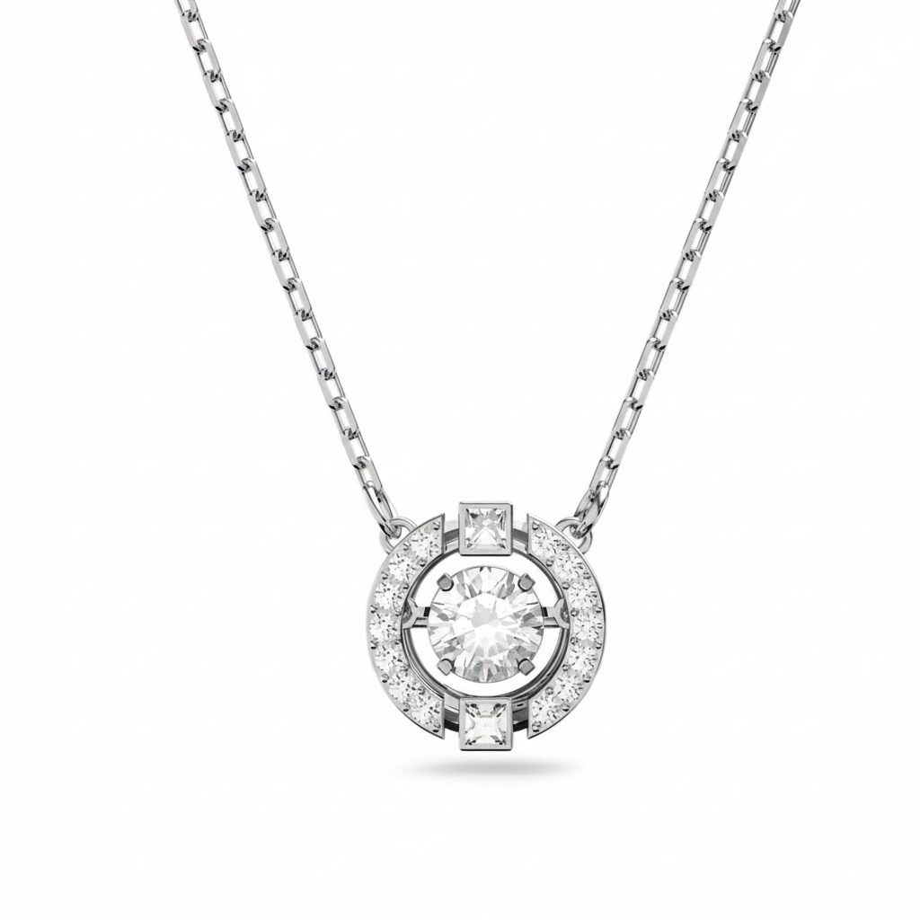 Swarovski Una necklace with round-cut white crystal and rhodium-plated chain, elegant jewelry with sparkling gemstone detail