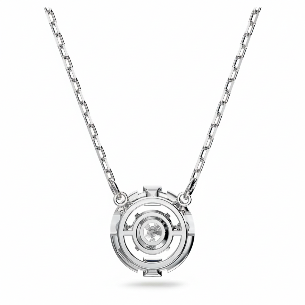 Swarovski Una necklace featuring a round-cut white crystal pendant on a rhodium-plated chain.