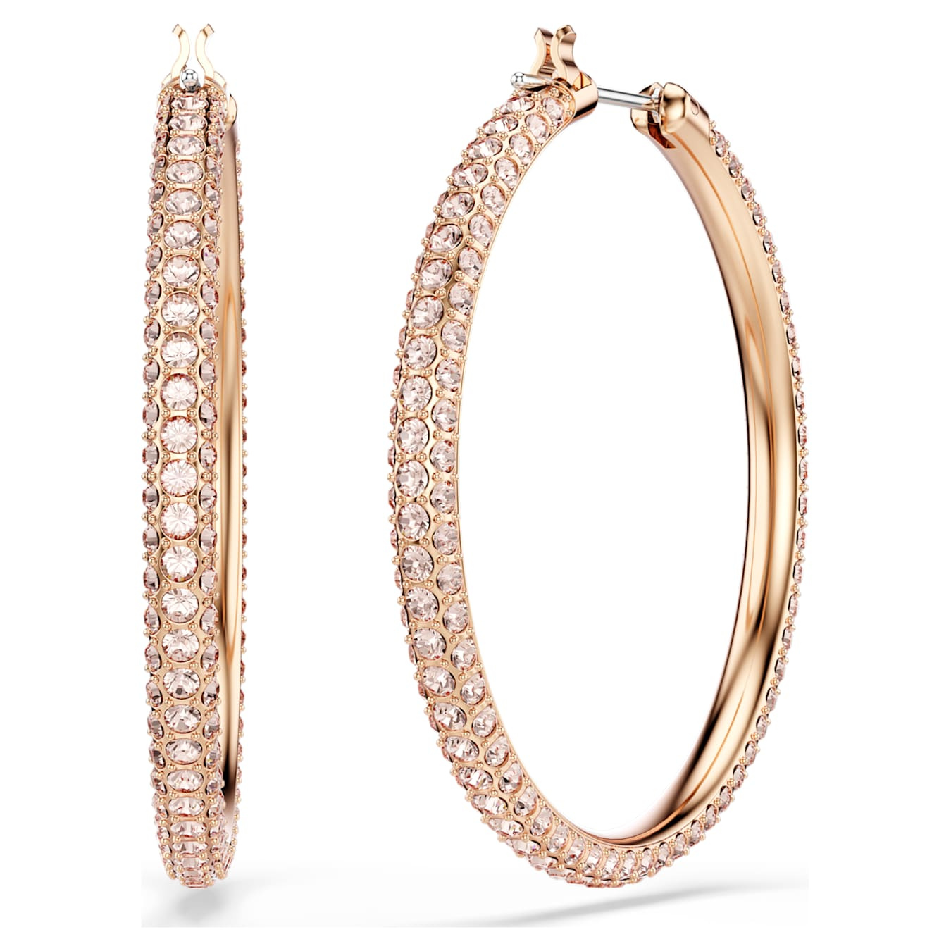 Large Swarovski Dextera hoop earrings with pavé white stones in rose gold-tone plating, showcasing elegant, sparkling jewelry.