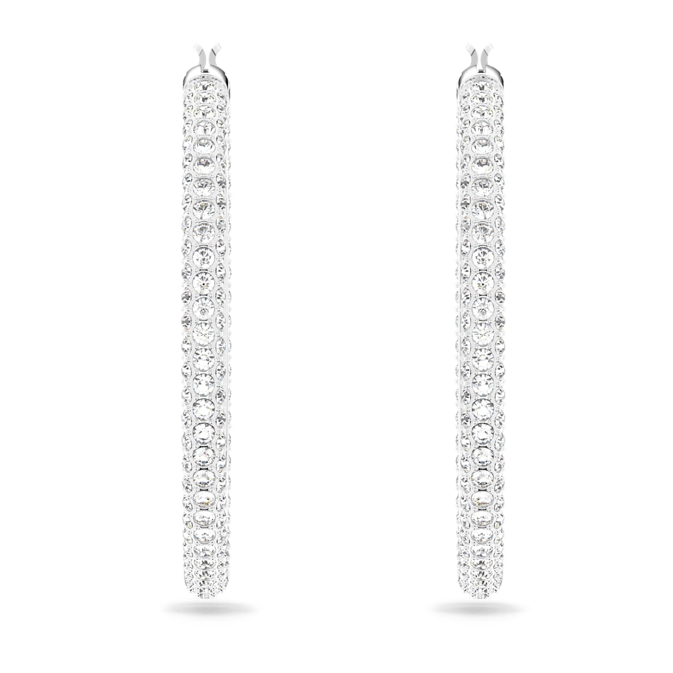 Large Swarovski Dextera hoop earrings with pavé white crystals, rhodium plated, showcasing elegant, sparkling jewelry design.