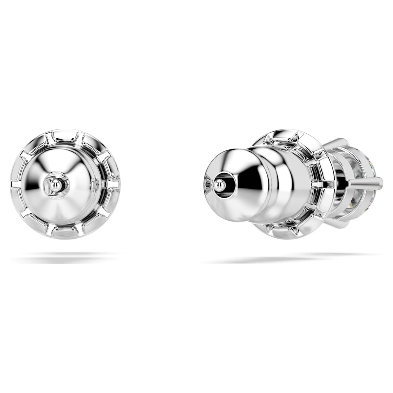 Swarovski Stilla Attract stud earrings with round white crystals and rhodium plating, showcasing elegant jewelry design.
