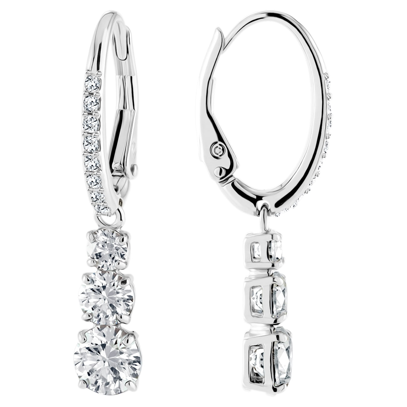 Swarovski Stilla Attract hoop earrings with round white crystals and rhodium plating, showcasing elegant jewelry design.