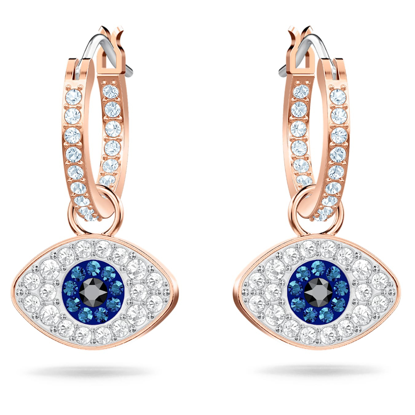 Swarovski Symbolic Evil Eye Hoop Earrings with sparkling crystal details and pierced hoops, designed for stylish jewelry wear.