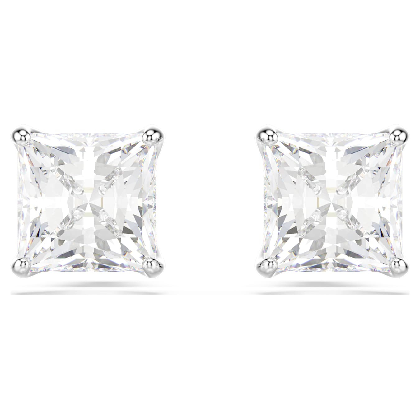 Swarovski Stilla Attract square cut white stud earrings with rhodium plating, featuring sparkling crystal gemstones.