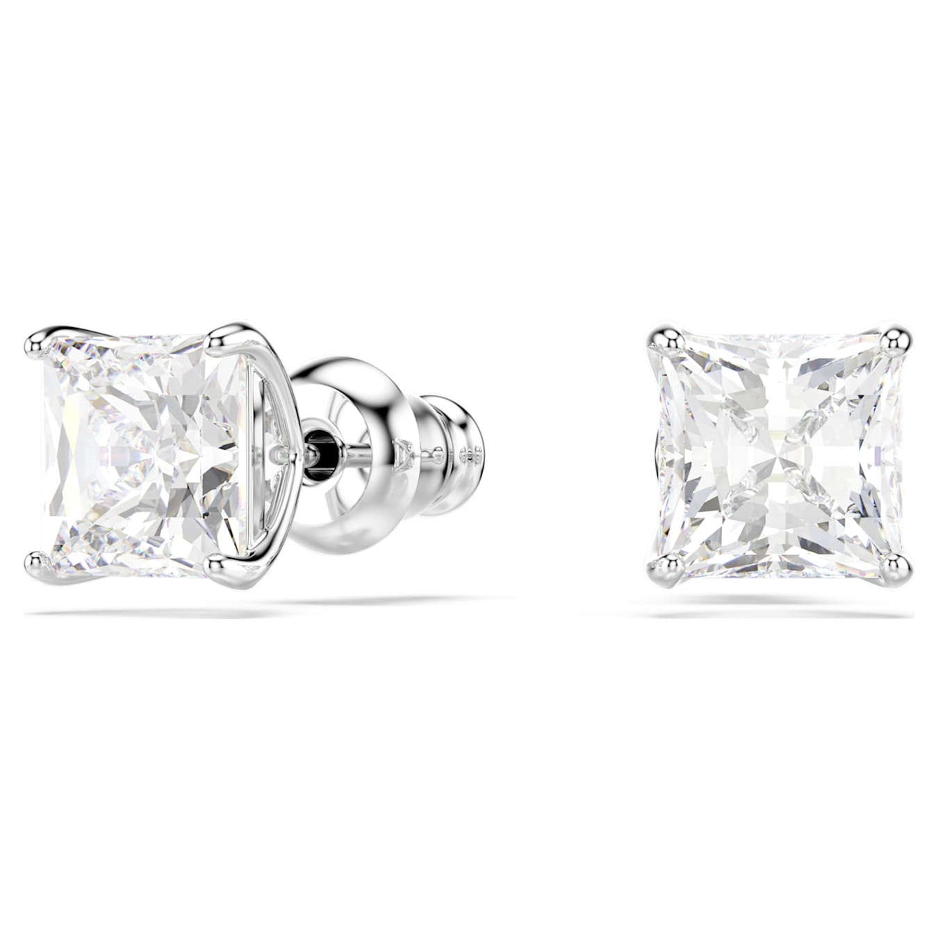Swarovski Stilla Attract square cut white stud earrings with rhodium plating, featuring sparkling gemstone accents.