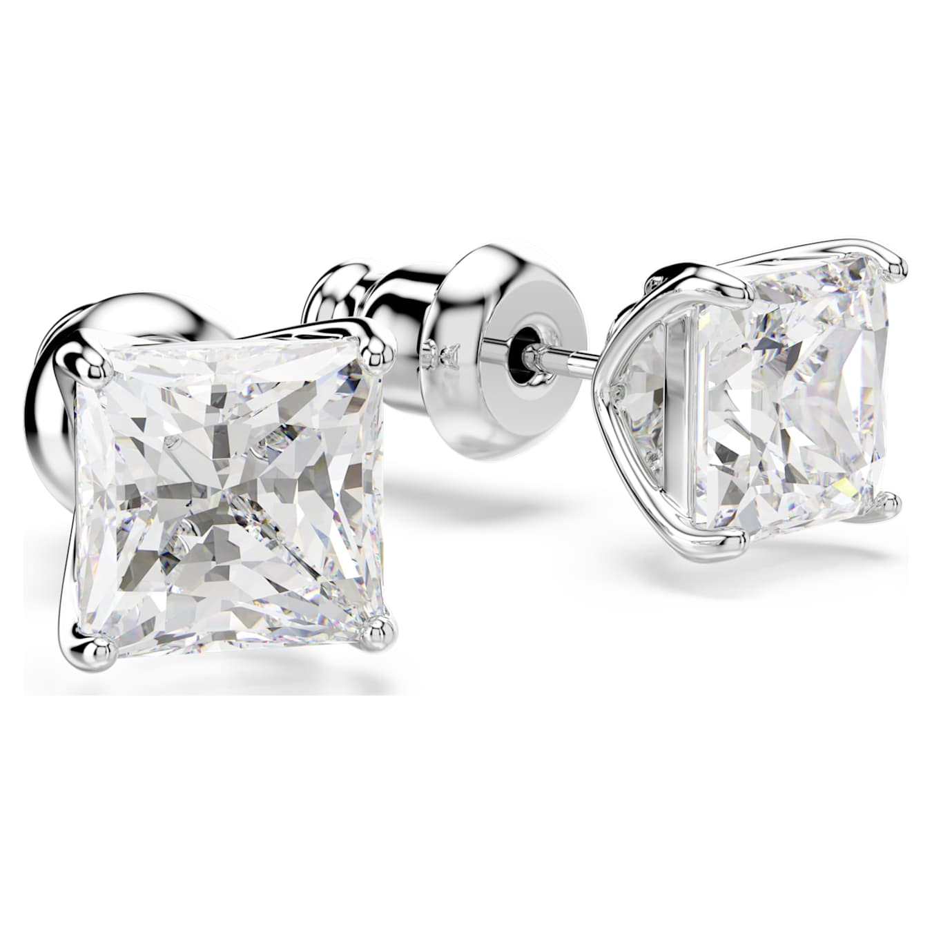 Swarovski Stilla Attract square cut white stud earrings with rhodium plating, sparkling jewelry for elegant style.