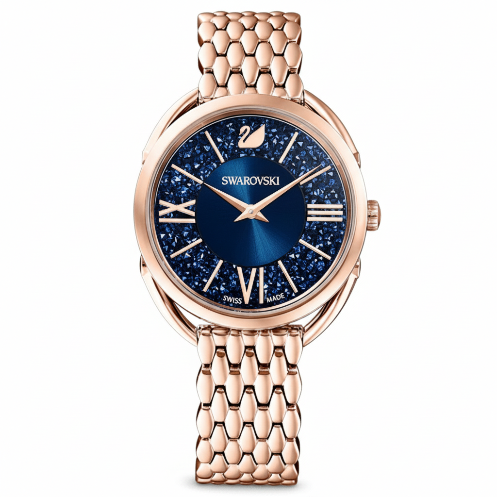 Swarovski Crystalline Glam watch with blue face, rose-gold tone PVD metal bracelet, elegant and sparkling jewelry accessory