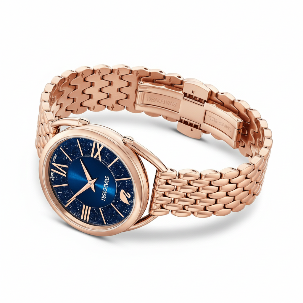 Swarovski Crystalline Glam watch with blue face, rose-gold PVD metal bracelet, and crystal accents.