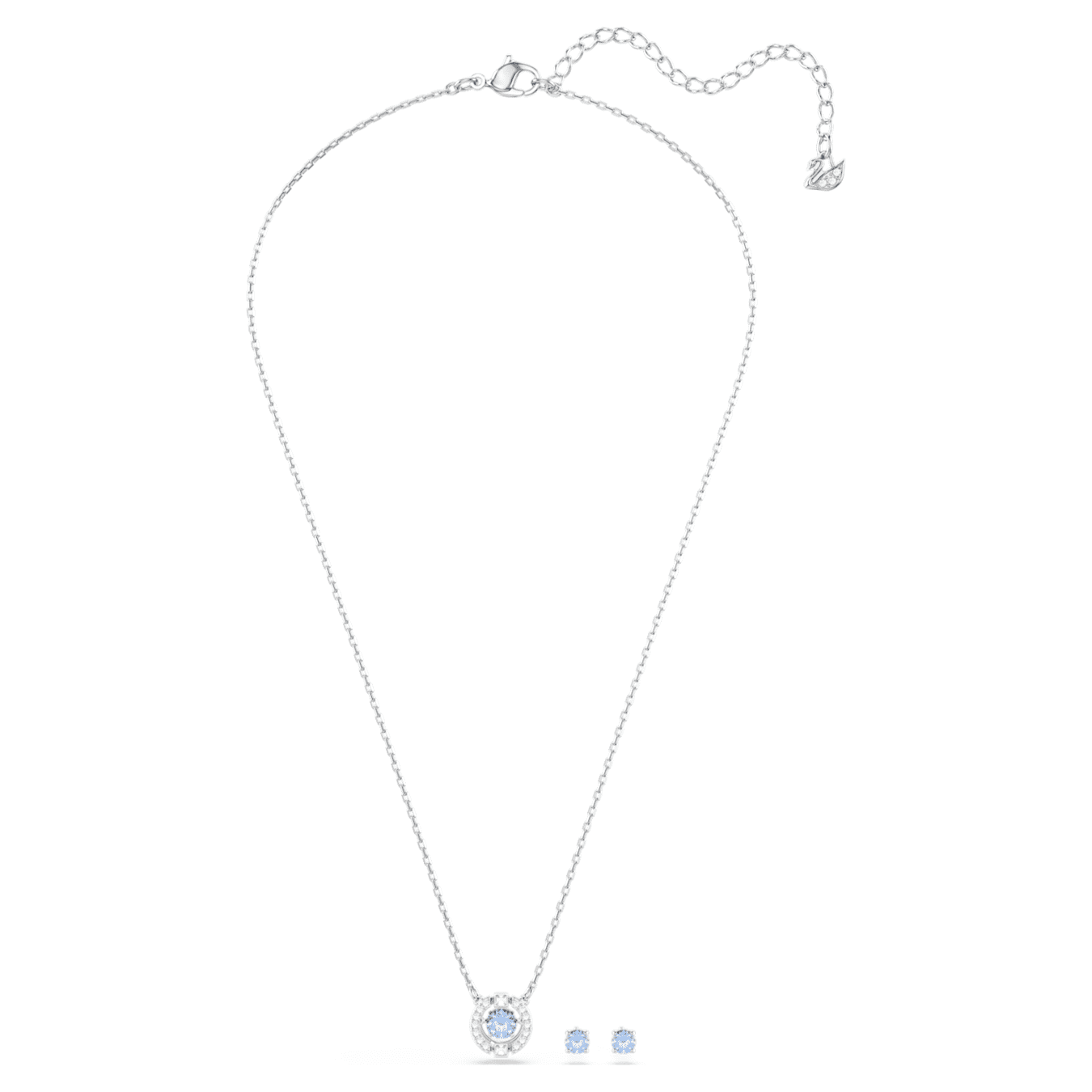 Swarovski Una set featuring round-cut blue gemstones with rhodium-plated jewelry design.