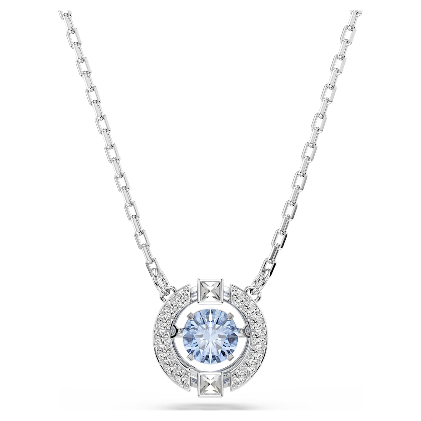 Swarovski Una set featuring round-cut blue crystals with rhodium-plated jewelry pieces.