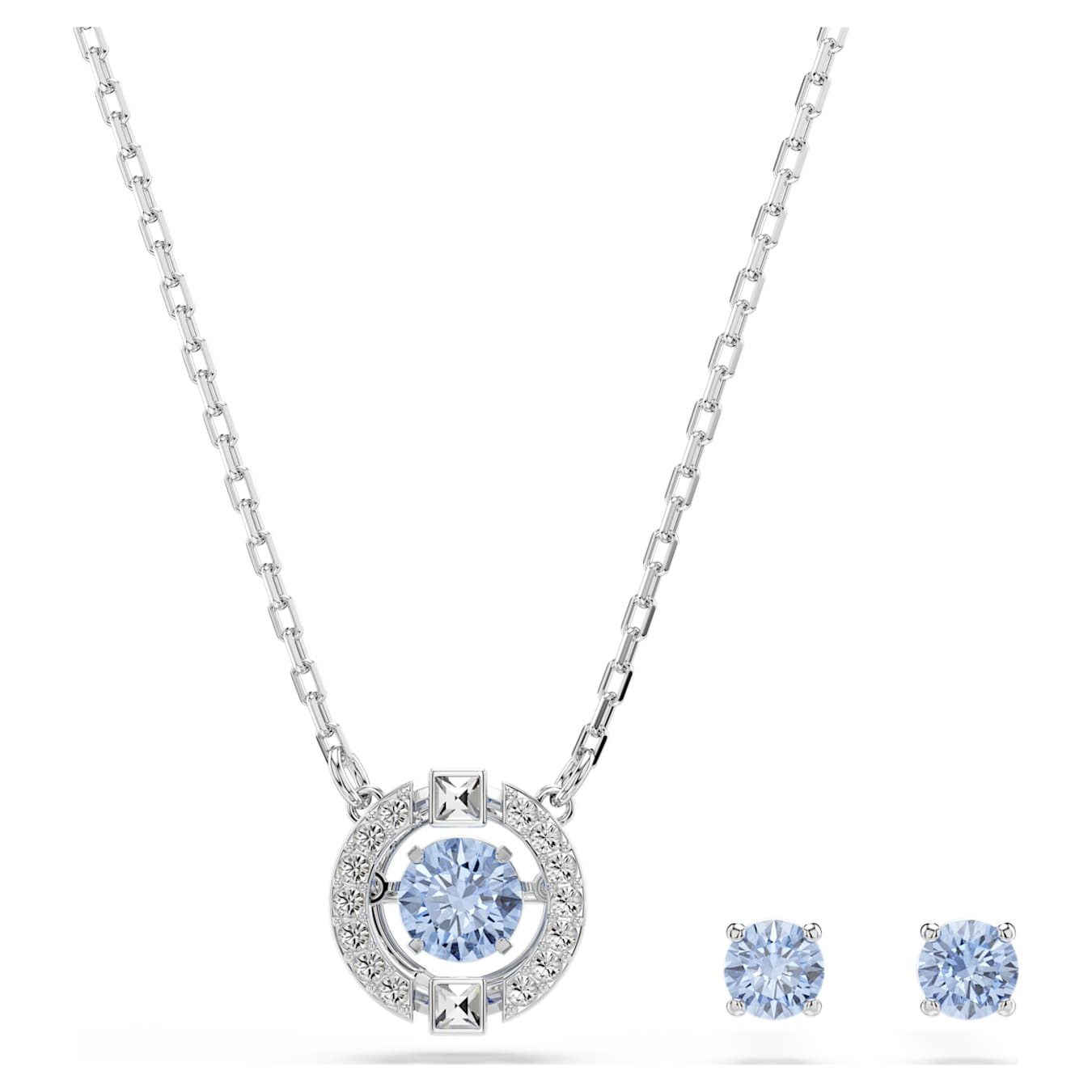 Swarovski Una set featuring round-cut blue gemstones with rhodium-plated metal setting, elegant jewelry display
