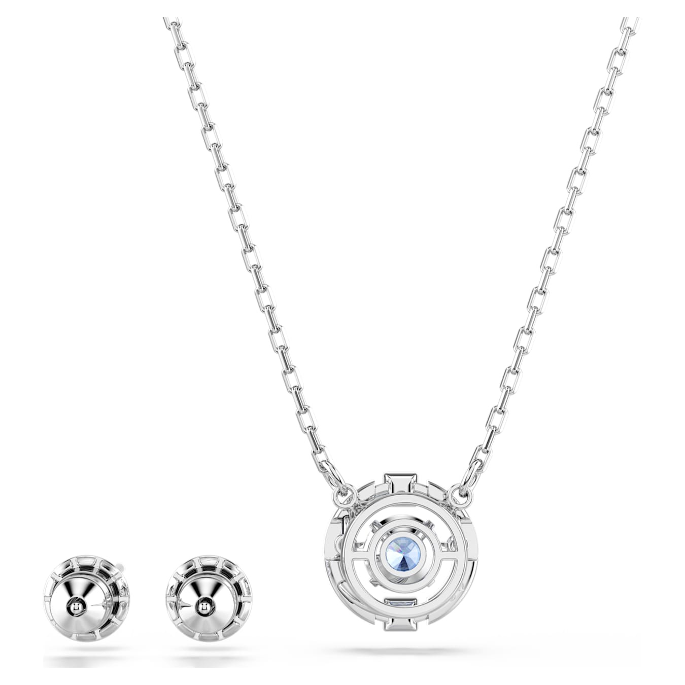 Swarovski Una set featuring blue round-cut crystals with rhodium-plated finish, elegant jewelry with sparkling gemstone details.
