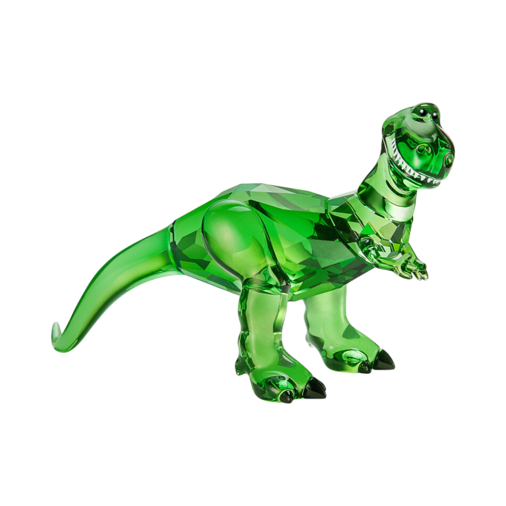 Swarovski Toy Story Rex figurine made of clear crystal with detailed dinosaur features and vibrant accents.