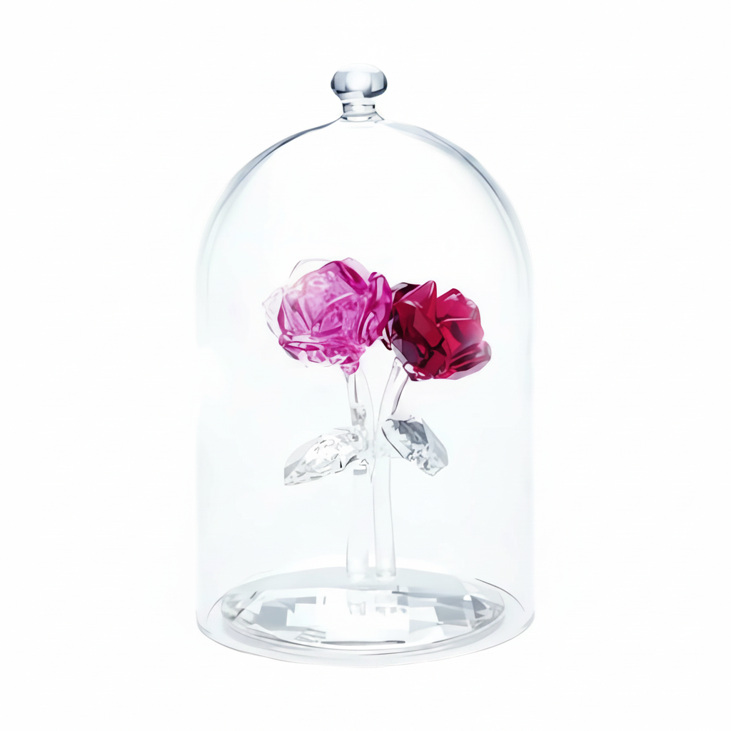 Swarovski Rose Bouquet with sparkling crystal roses and green leaves arranged in a decorative display.