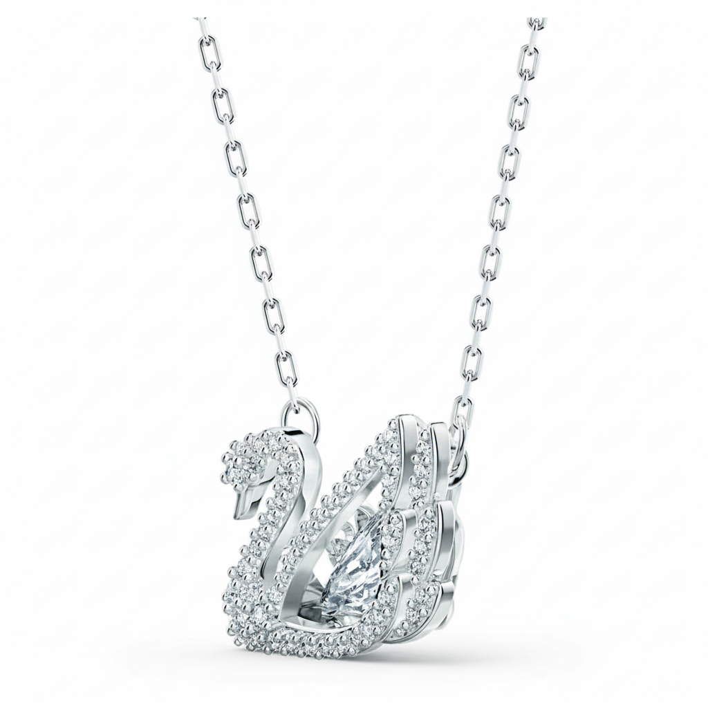 Swarovski Swan necklace featuring a white, dancing swan pendant with rhodium plating on a delicate chain