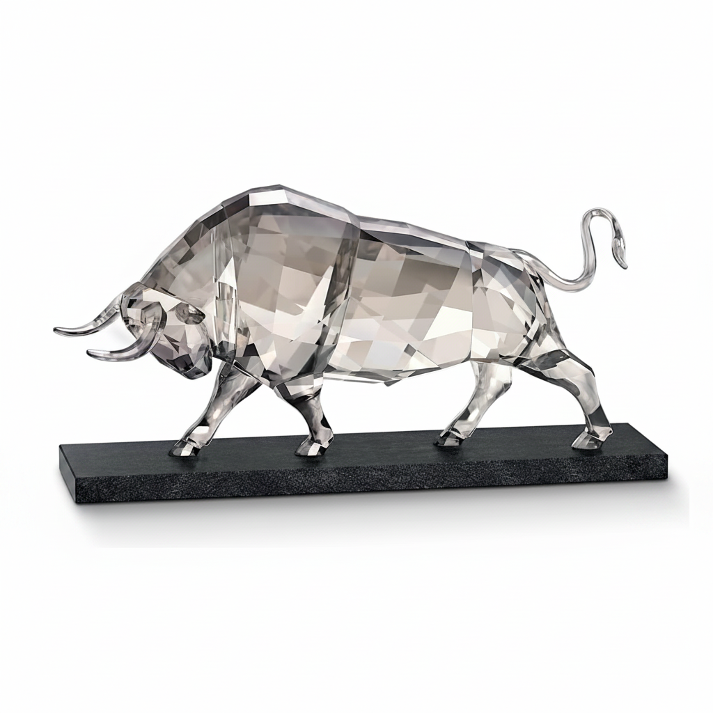 Swarovski Soulmates Bull figurine with clear crystal details, showcasing intricate craftsmanship and sparkling design.