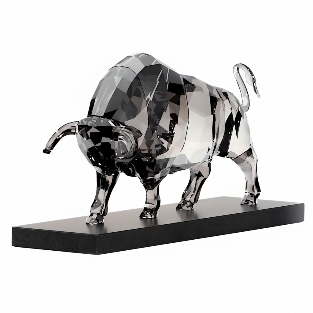Swarovski Soulmates Bull figurine with clear and gold crystals, detailed craftsmanship, and a sleek, polished finish.