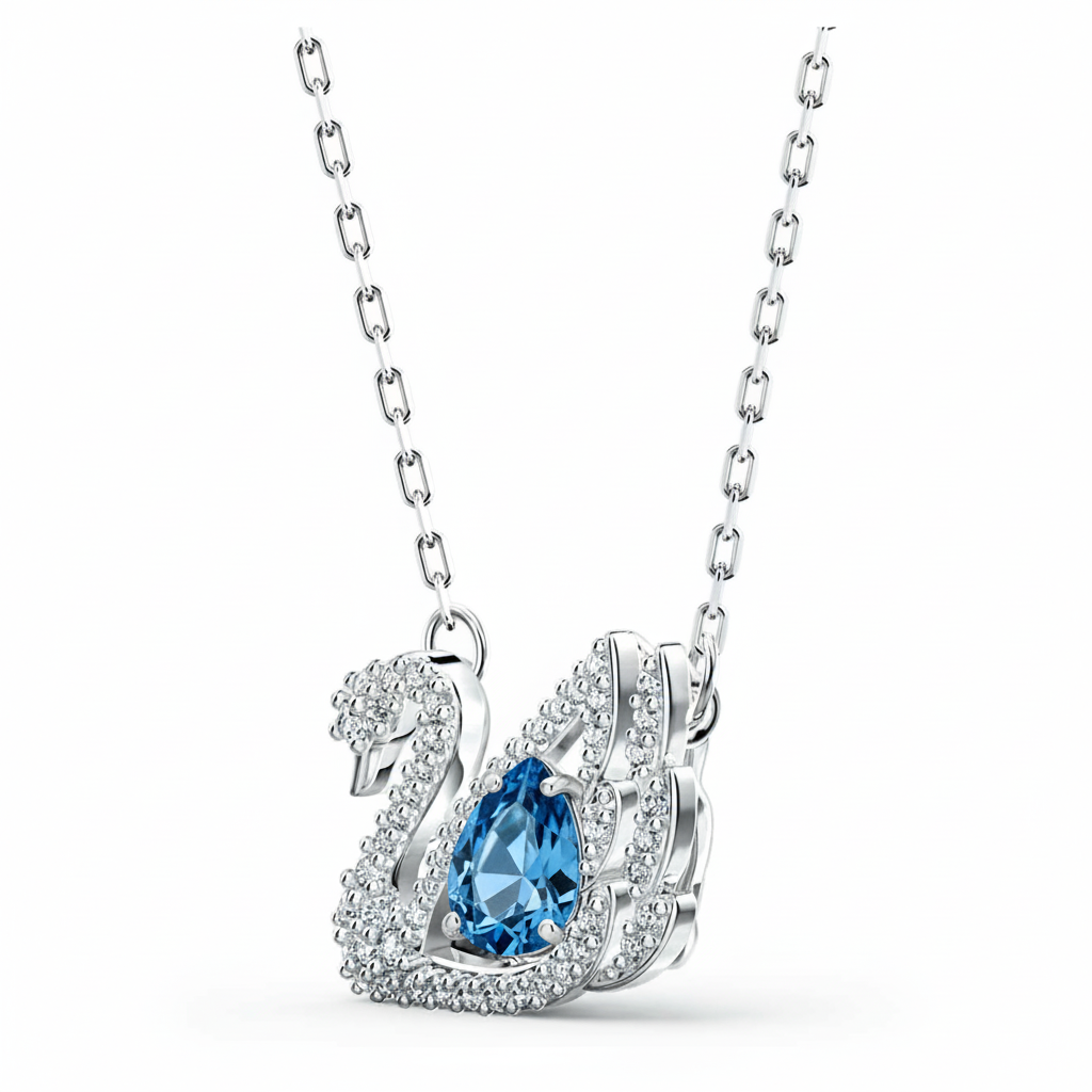 Swarovski Dancing Swan necklace with blue crystal and rhodium plating, featuring a detailed swan pendant on a delicate chain.