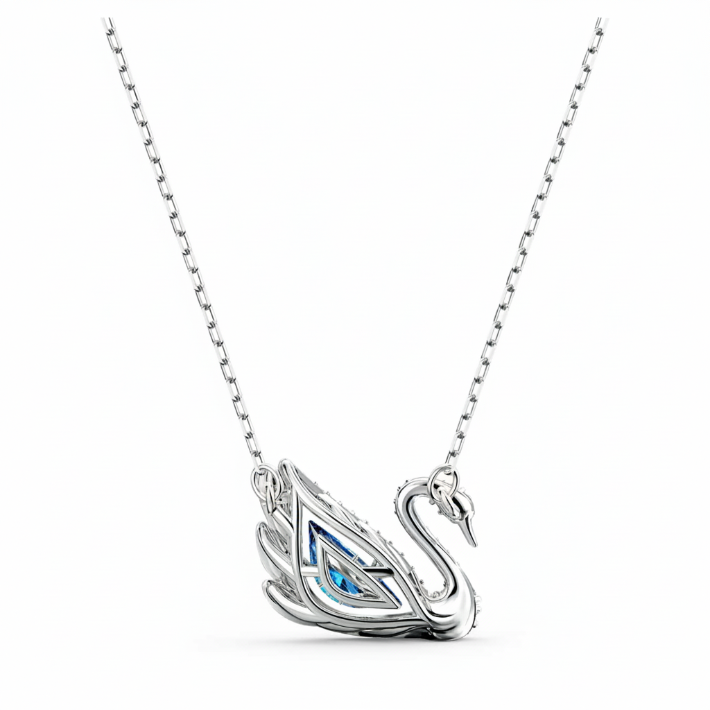 Swarovski Dancing Swan necklace with blue crystal and rhodium plating, featuring a detailed swan pendant on a delicate chain.