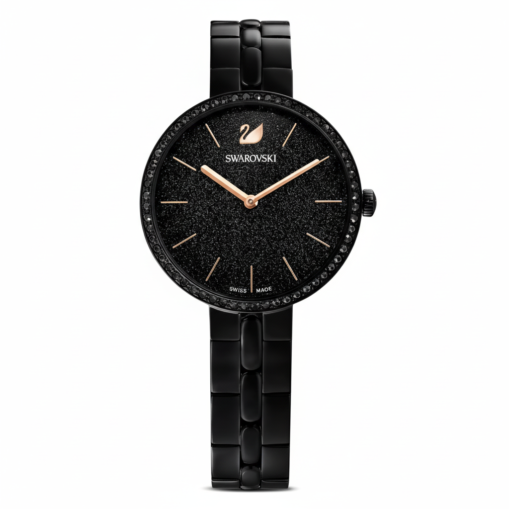 Swarovski Cosmopolitan Swiss Made watch with black metal bracelet and black finish, showcasing a sleek, elegant design.