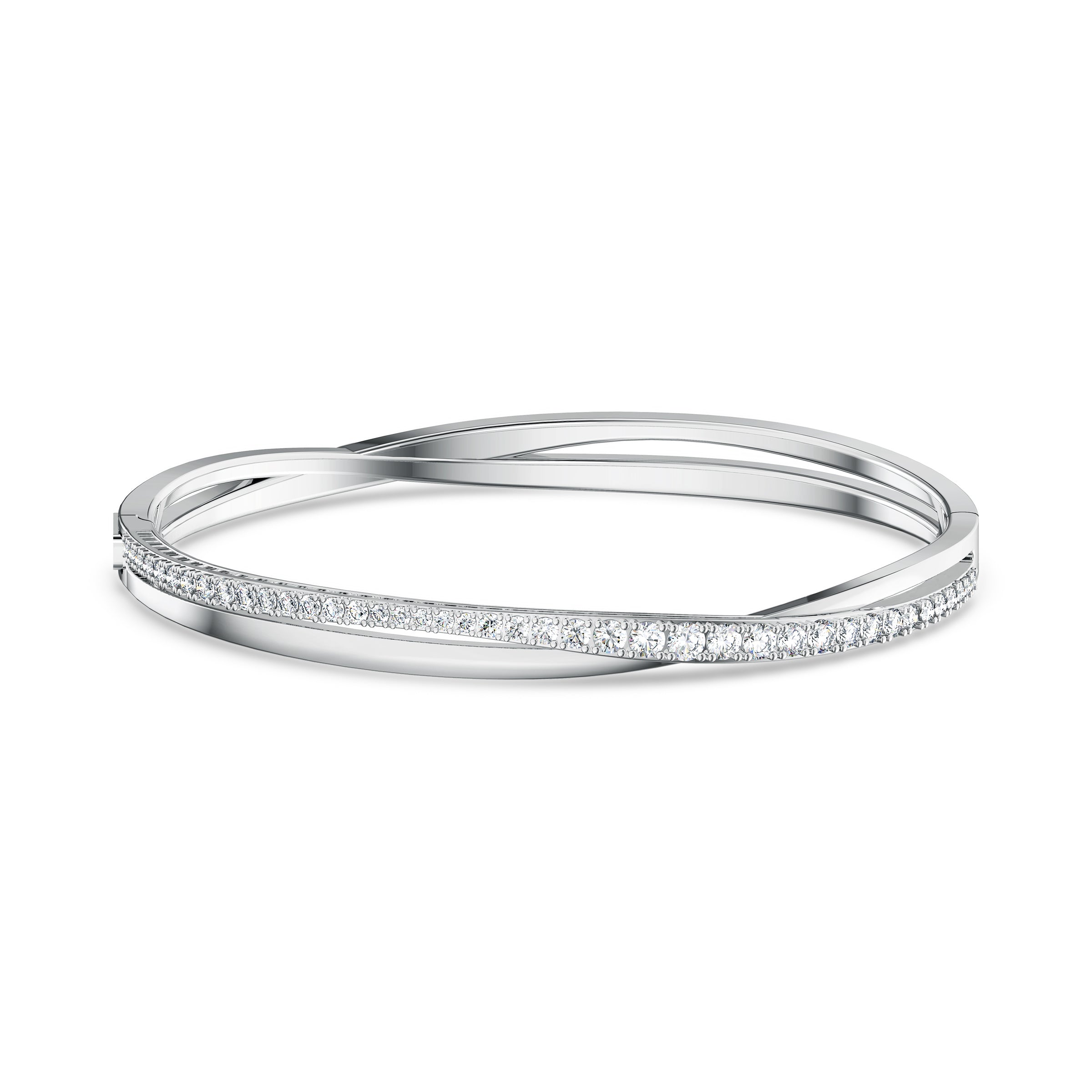 Swarovski Hyperbola bangle with round cut white crystals, rhodium plated, elegant jewelry accessory on a plain background.