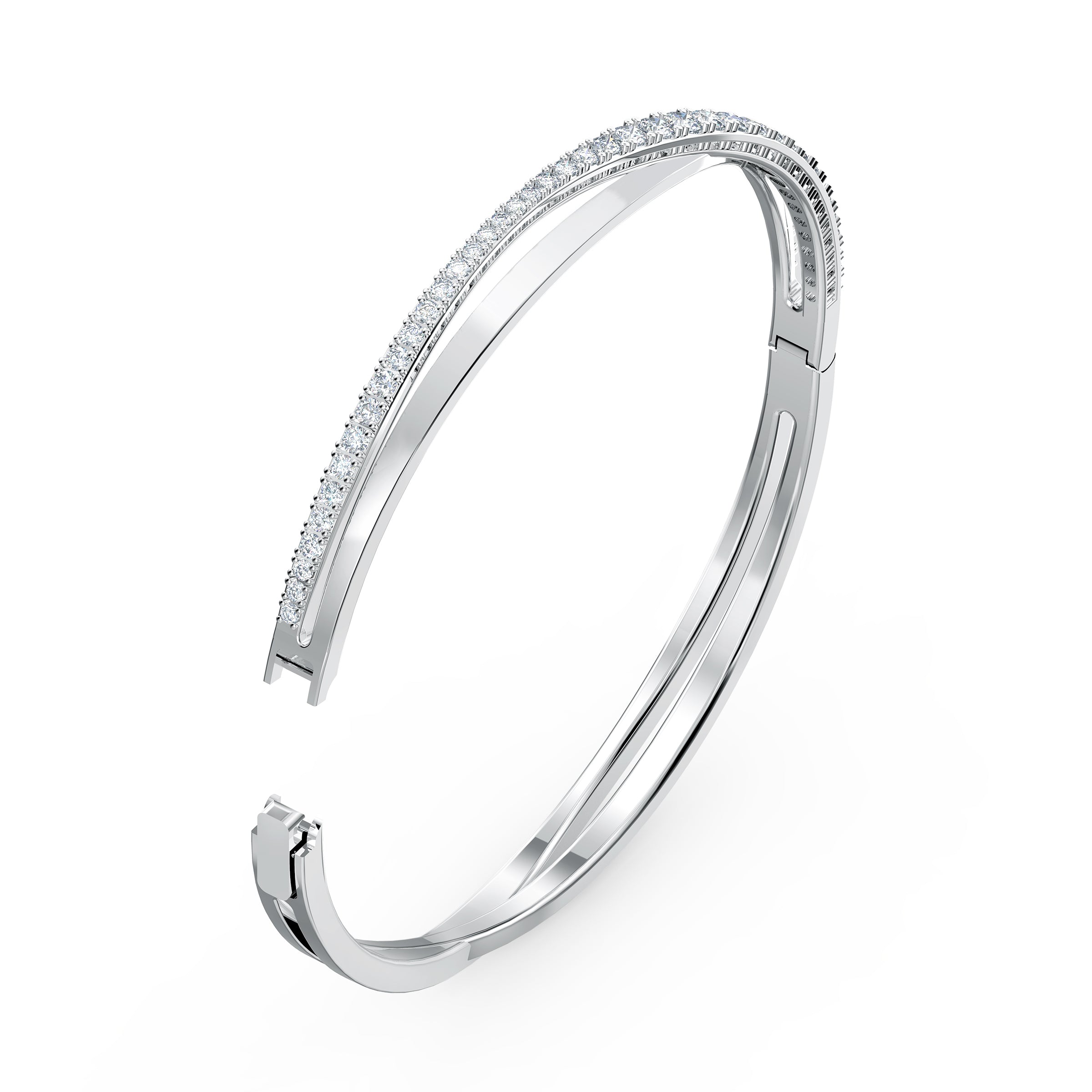 Swarovski Hyperbola bangle in white with round cut crystals and rhodium plating, elegant jewelry accessory.