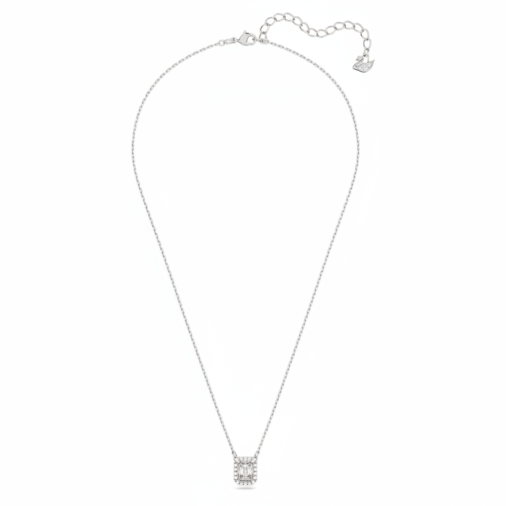 Swarovski Una pendant with octagon cut white crystal, rhodium plated, showcasing a sparkling elegant jewelry piece