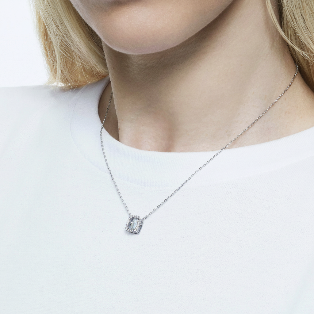 Swarovski Una pendant with octagon-shaped white crystal, rhodium-plated chain and setting, elegant jewelry accessory