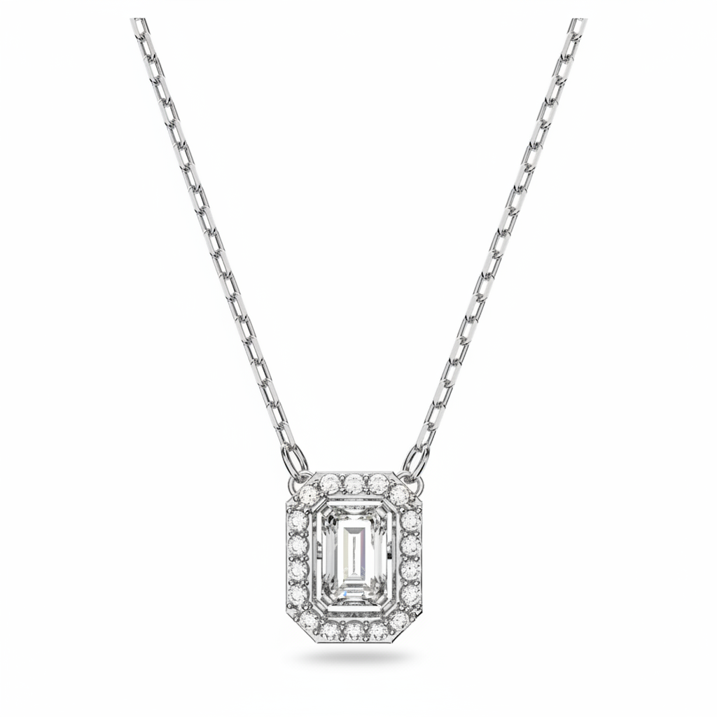 Swarovski Una pendant with octagon-shaped white crystal, rhodium-plated silver chain, sparkling and elegant jewelry piece