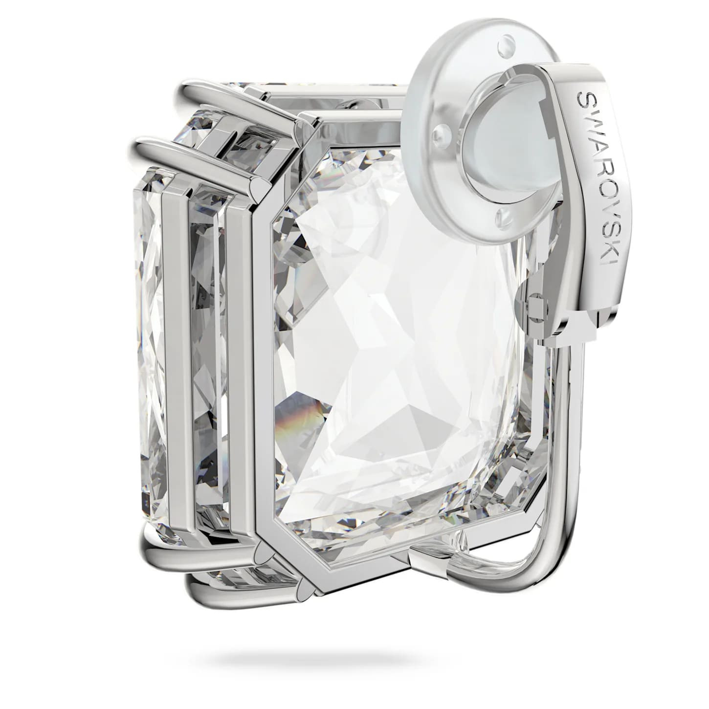 Swarovski Mesmera clip earring with a square cut white crystal, rhodium-plated, showcasing elegant jewelry design.