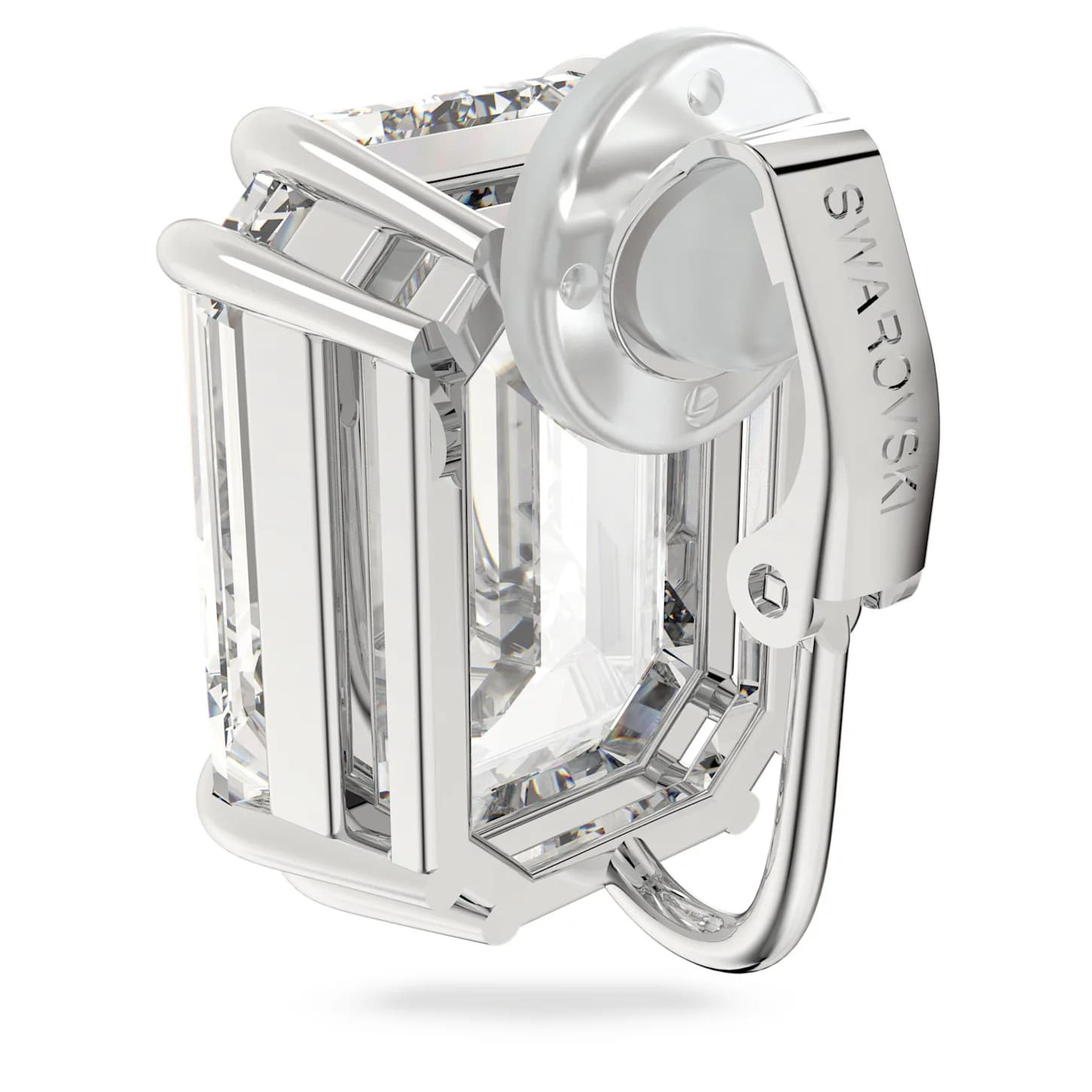 Swarovski Mesmera clip earring with octagon cut white rhinestone, white rhodium plating, and elegant design.
