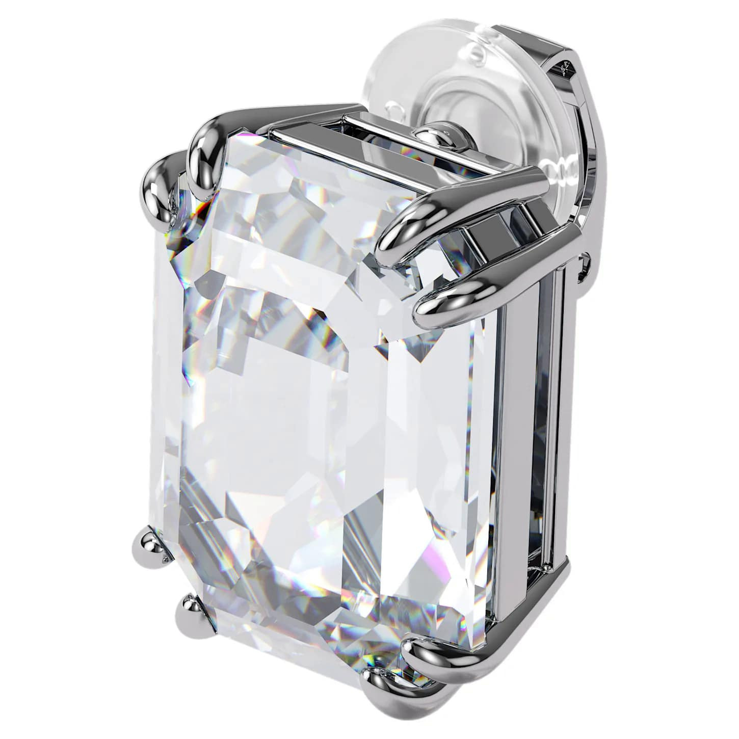 Swarovski Mesmera clip earring featuring an octagon-shaped white crystal with rhodium plating, elegant jewelry accessory.