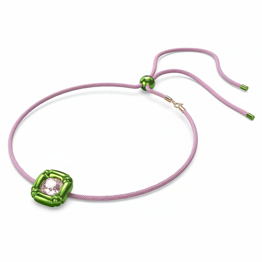 Swarovski Dulcis Necklace with cushion-cut green crystal pendant, elegant jewelry piece featuring sparkling Swarovski crystals.