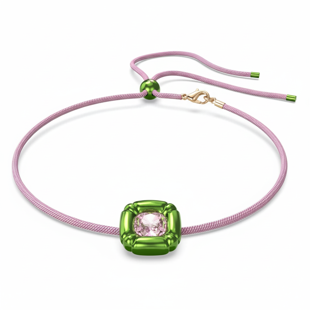 Swarovski Dulcis Green Necklace featuring a cushion cut crystal pendant on a delicate chain.