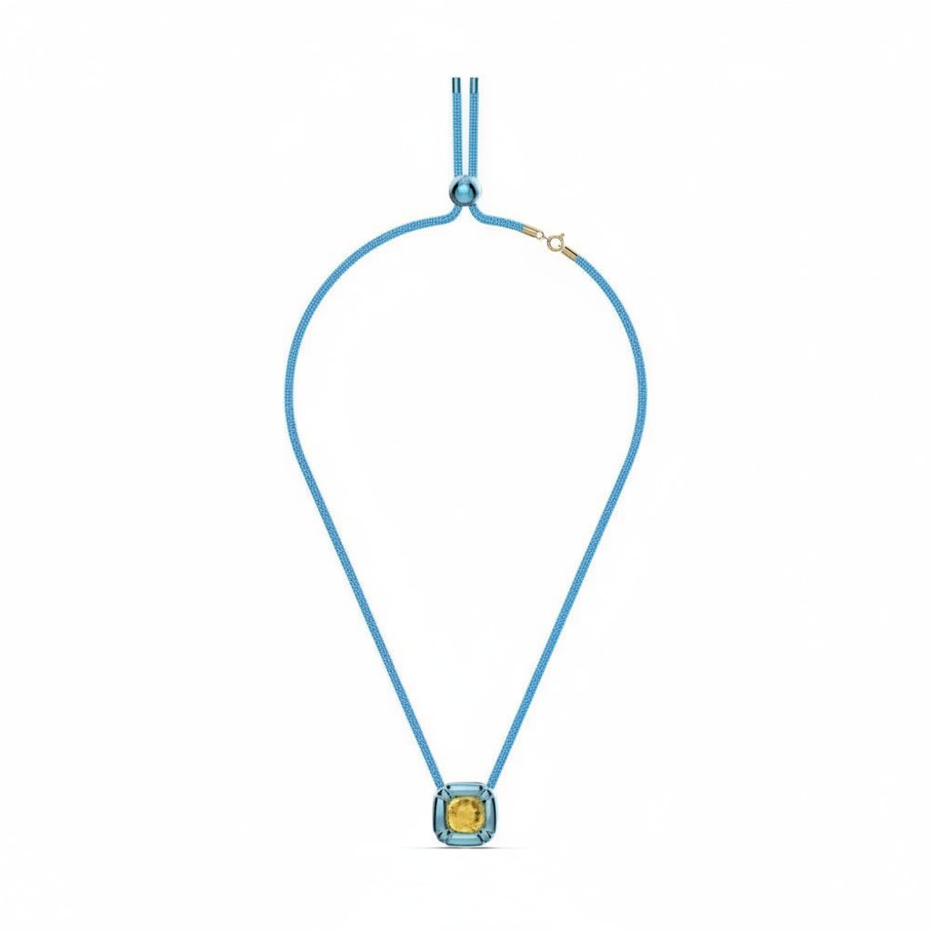 Swarovski Dulcis choker necklace with cushion cut blue crystals and silver-tone chain, elegant jewelry accessory.