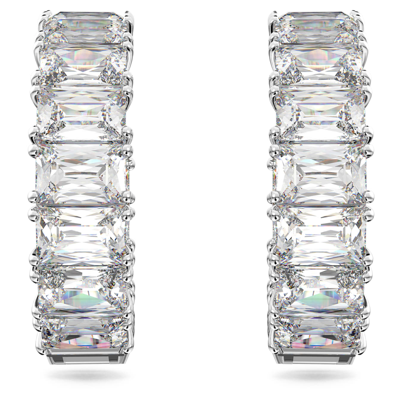 Swarovski Millenia hoop earrings with octagon cut white crystals, rhodium plated, showcasing elegant jewelry design