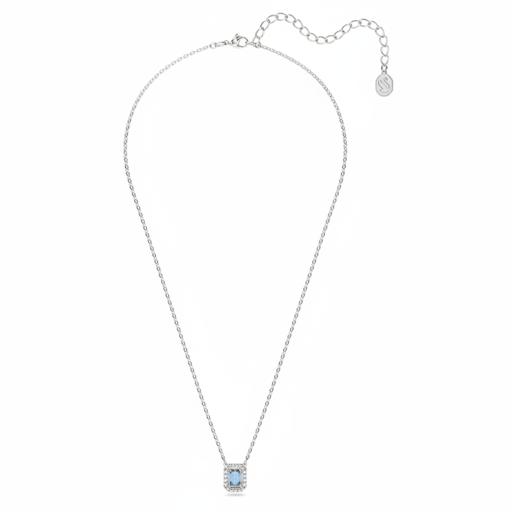 Swarovski Una necklace with octagon-shaped blue crystal pendant, rhodium-plated chain, elegant jewelry accessory