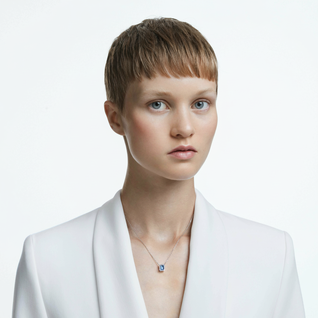 Swarovski Una necklace with octagon-shaped blue crystal pendant, rhodium-plated chain, elegant jewelry accessory.