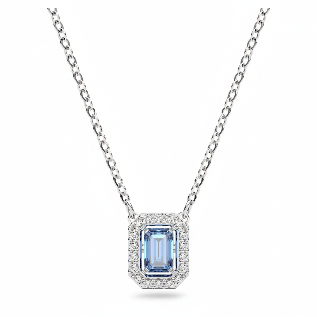 Swarovski Una necklace with octagon-shaped blue crystal pendant, rhodium-plated chain and elegant design.
