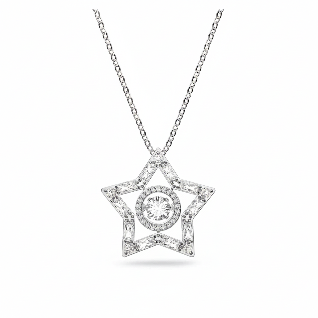 Swarovski Stella Pendant with mixed-cut white crystals in star shape, rhodium plated for a sleek, elegant look.