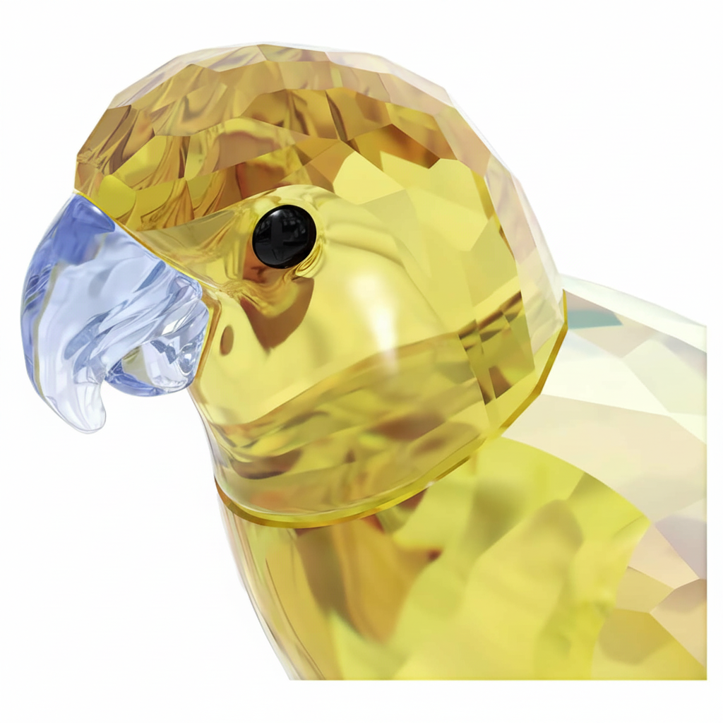 Swarovski Jungle Beats yellow parakeet Lechee crystal figurine with detailed feathers and vibrant colors.