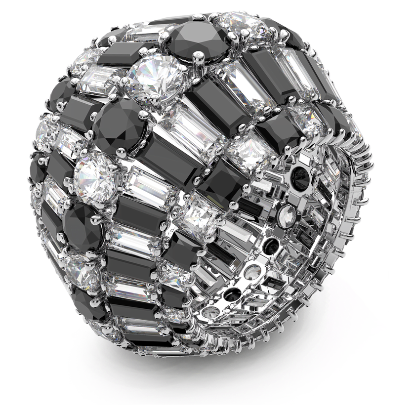 Swarovski Hyperbola ring with black Swarovski zirconia, rhodium plated, featuring a sleek, modern design with sparkling stones.