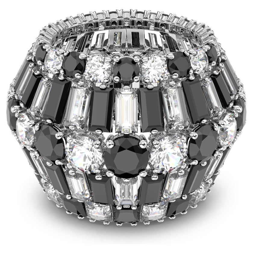 Swarovski Hyperbola ring with black Swarovski zirconia, rhodium plated, showcasing a sleek, modern design.