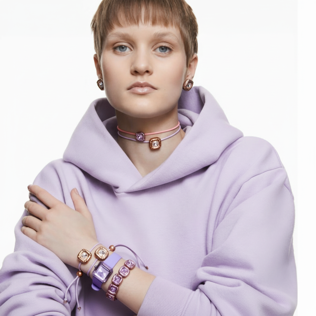 Purple Swarovski watch with a silicone strap, showcasing a stylish and modern accessory for elegant timekeeping.