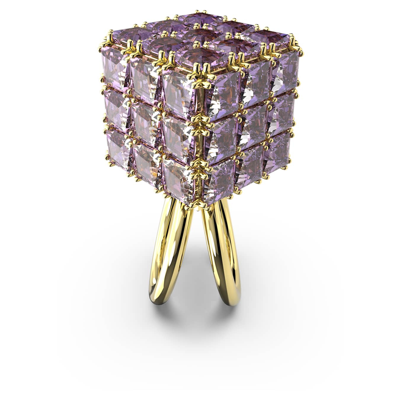 Swarovski Curiosa purple cocktail ring with square cut gemstone in gold-tone plated setting.