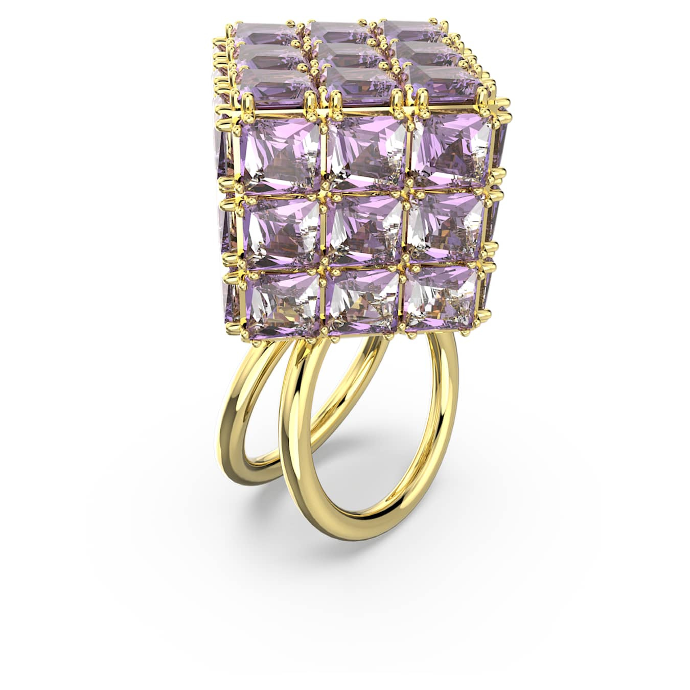 Swarovski Curiosa cocktail ring with a square-cut purple gemstone and gold-tone plated band, elegant jewelry accessory.
