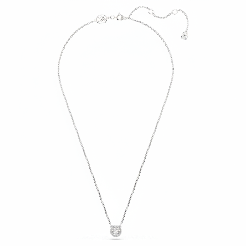 Swarovski Una Angelic pendant featuring round cut white crystal with pavé accents and rhodium-plated setting.