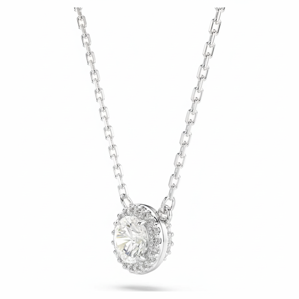 Swarovski Una Angelic pendant with round-cut clear stones, pavé setting, white hue, rhodium-plated jewelry piece.